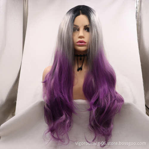 Three Tone Color 26 Inch Long Water Wavy Ombre Silver Purple Lace Front Women Curly Hair Full Wig Fibre Synthetic Cheap Price